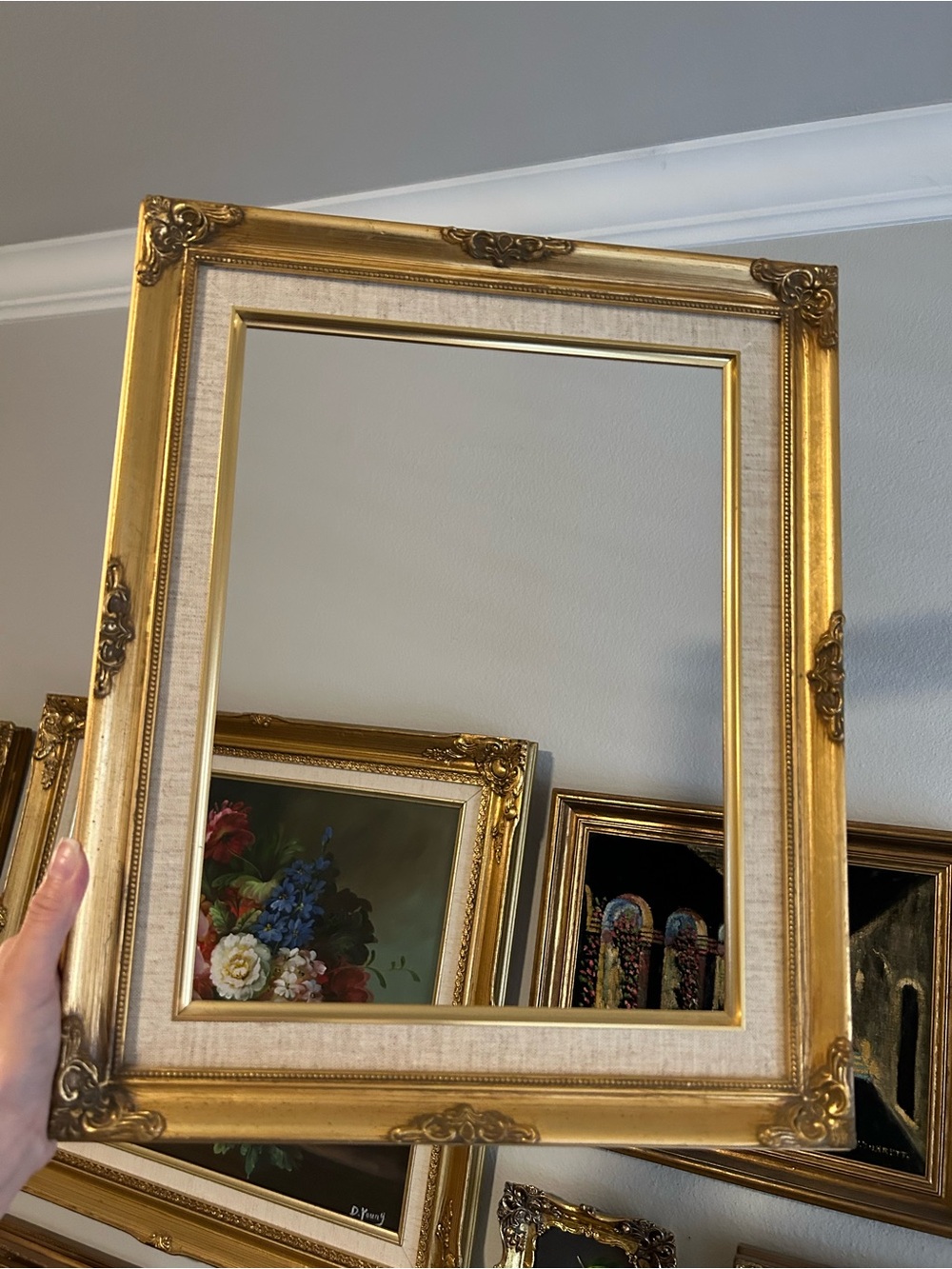 Empty Gilded Ornate Wall Frame with Linen Mat